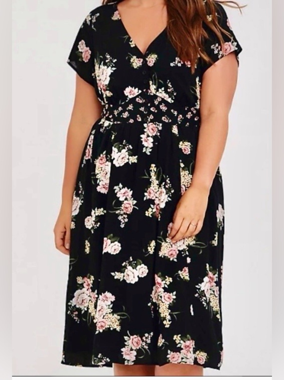 Torrid Black Floral Tie Back Midi Dress with Pink Roses - Size 0X